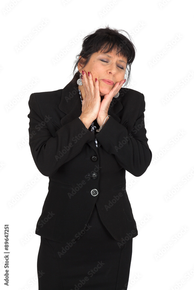 Beautiful woman doing different expressions in different sets of clothes: toothache Beautiful woman doing different expressions in different sets of clothes: toothache