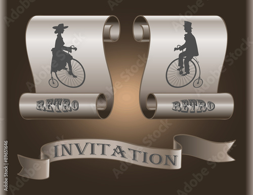 
The lady and gentleman on an old bicycle on background banners as invitations
