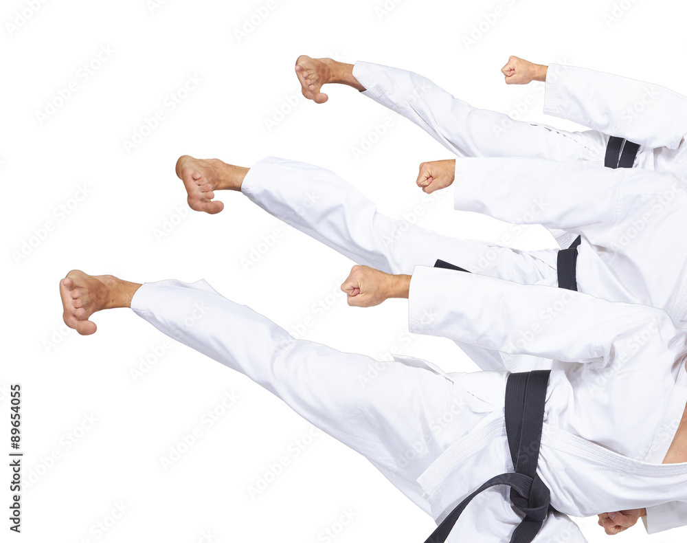 Three strikes Yoko geri in perfoming an athlete with a black belt collage Three strikes Yoko geri in perfoming an athlete with a black belt collage