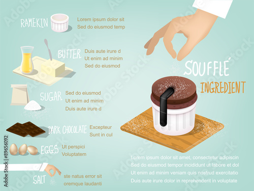  sweet colorful info-graphic beautiful design of souffle cake ingredient that consist of butter,sugar,dark chocolate,eggs and salt,dessert design concept