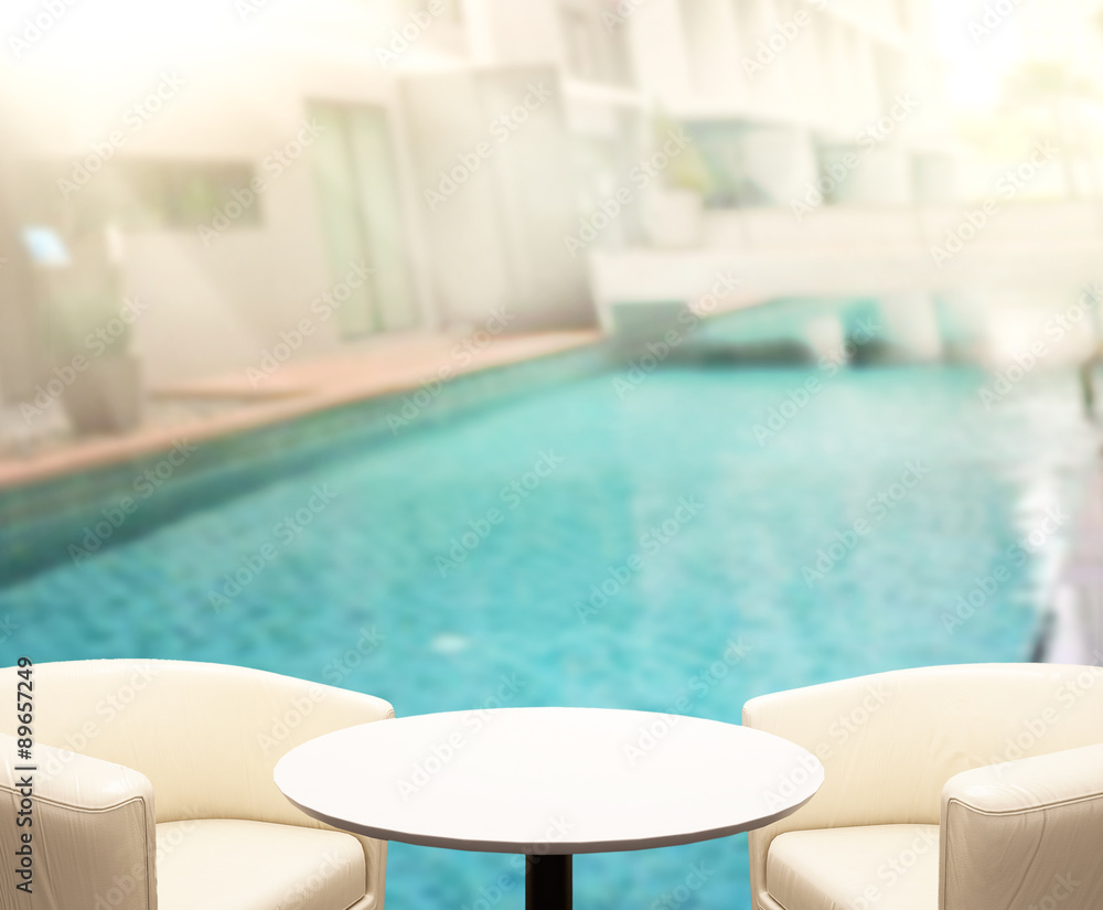 Fototapeta premium Wood Table Top Background And Pool