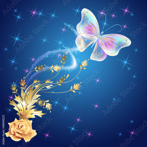 Fototapeta Transparent butterfly with golden ornament and glowing firework