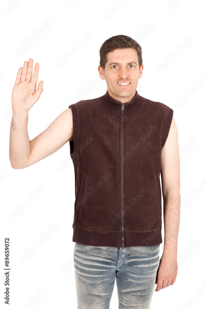 Handsome man doing different expressions in different sets of clothes: waving Handsome man doing different expressions in different sets of clothes: waving