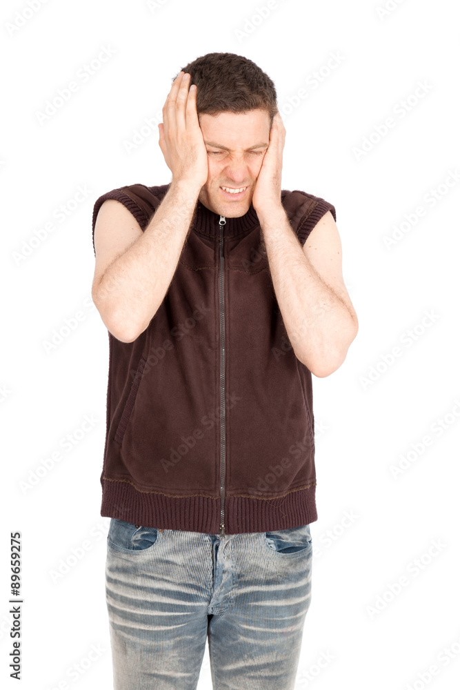Handsome man doing different expressions in different sets of clothes: headache Handsome man doing different expressions in different sets of clothes: headache