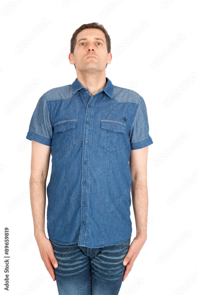 Handsome man doing different expressions in different sets of clothes: at attention Handsome man doing different expressions in different sets of clothes: at attention