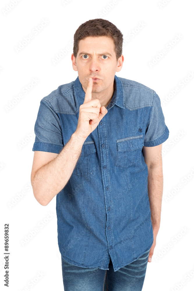 Handsome man doing different expressions in different sets of clothes: be quiet Handsome man doing different expressions in different sets of clothes: be quiet