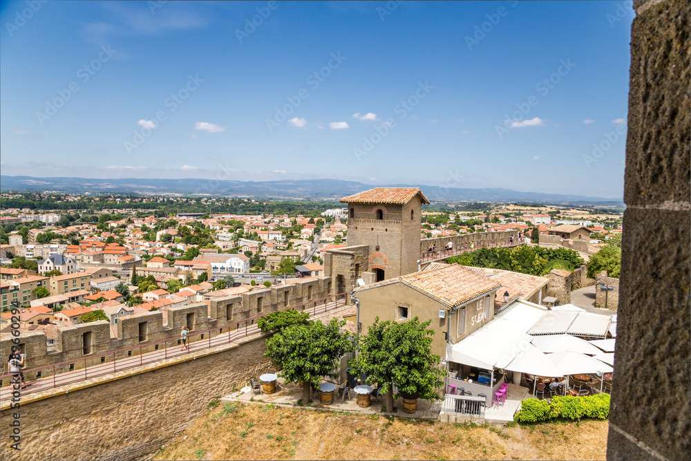 Carcassonne, France. Landscape with ramparts, towers and a view of the upper and lower towns