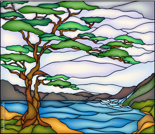 Tree, mountains and river. Vector illustration in Stained glass window