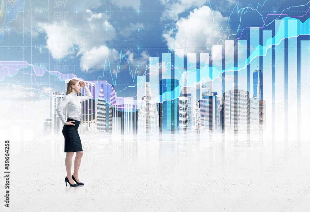 Full-length confident business lady in formal suit. A sketch of New York city and forex chart on the background. A concept of the asset management. Full-length confident business lady in formal suit. A sketch of New York city and forex chart on the background. A concept of the asset management.