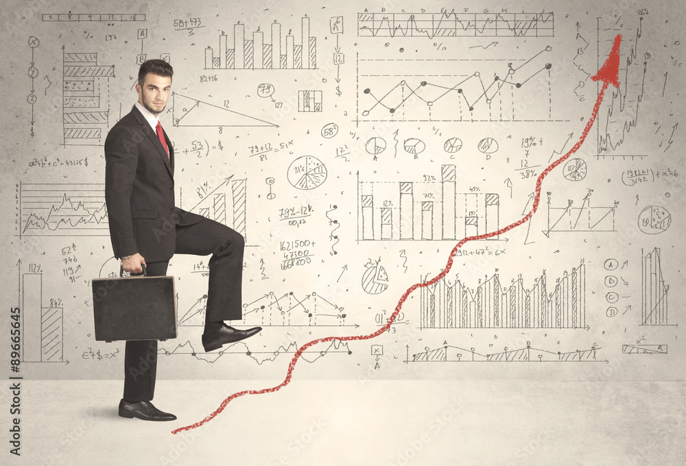 Business man climbing on red graph arrow concept Business man climbing on red graph arrow concept