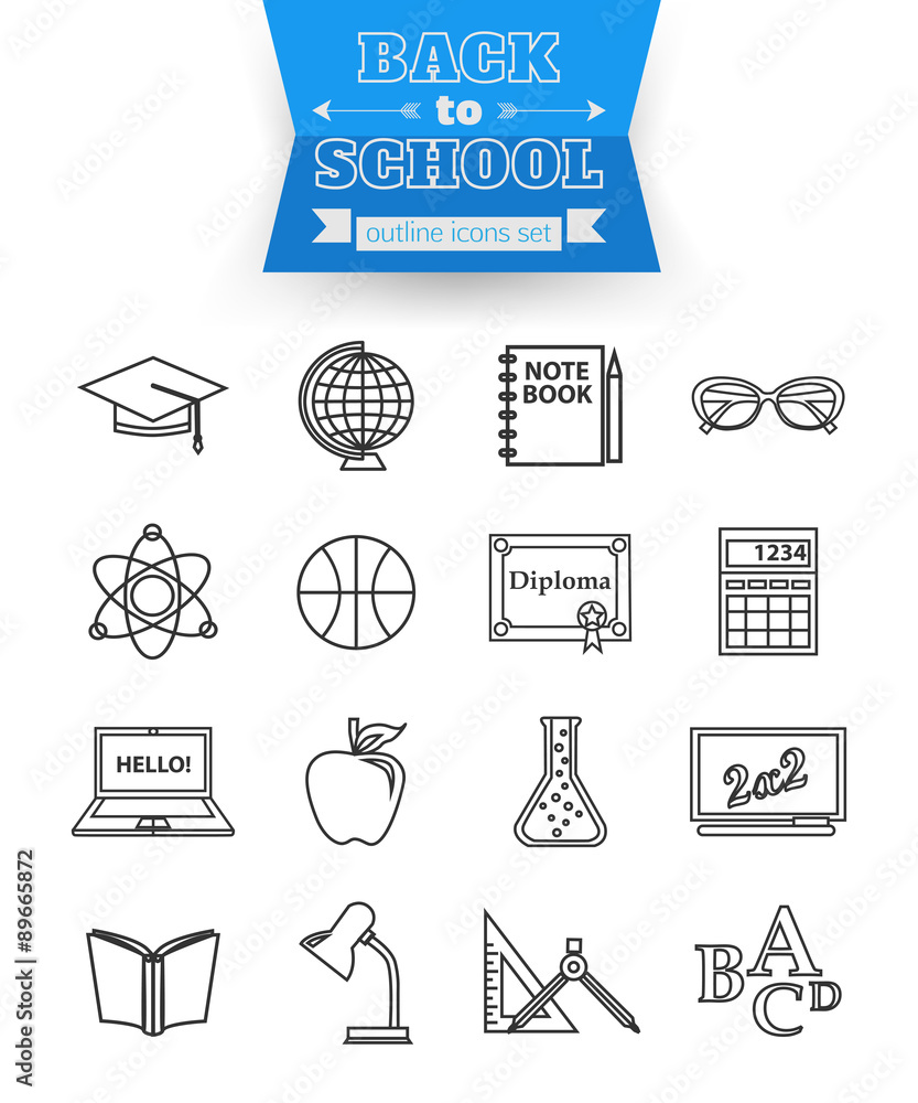 Fototapeta premium Set of back to school and education outline icons. Open book