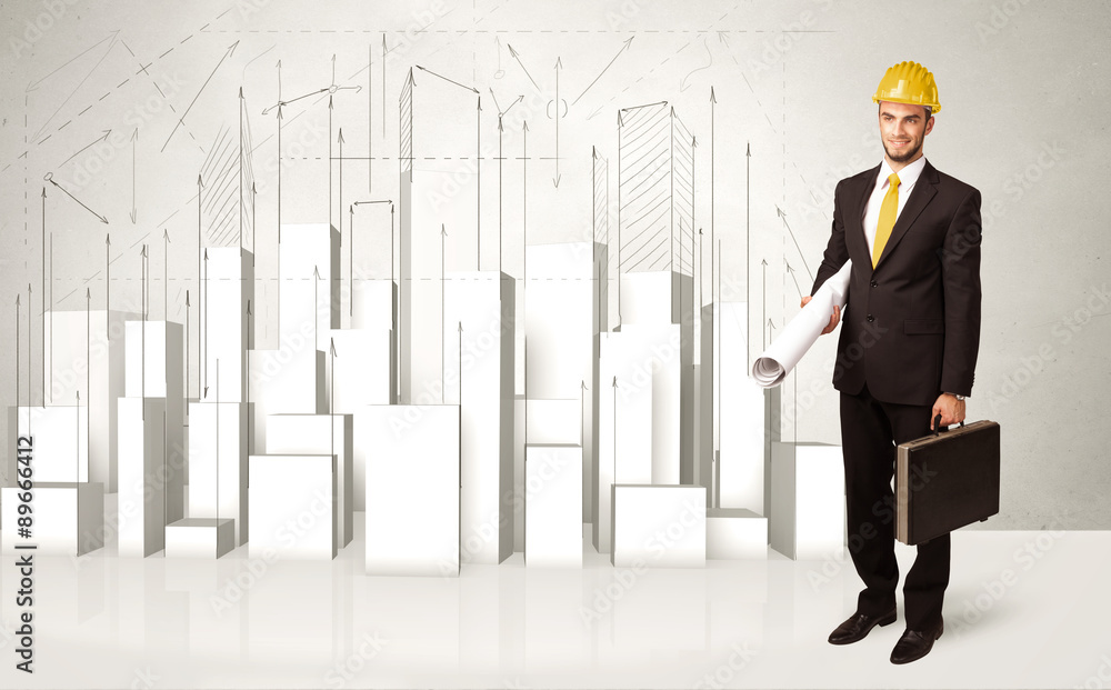 Construction worker planing with 3d buildings in background Construction worker planing with 3d buildings in background