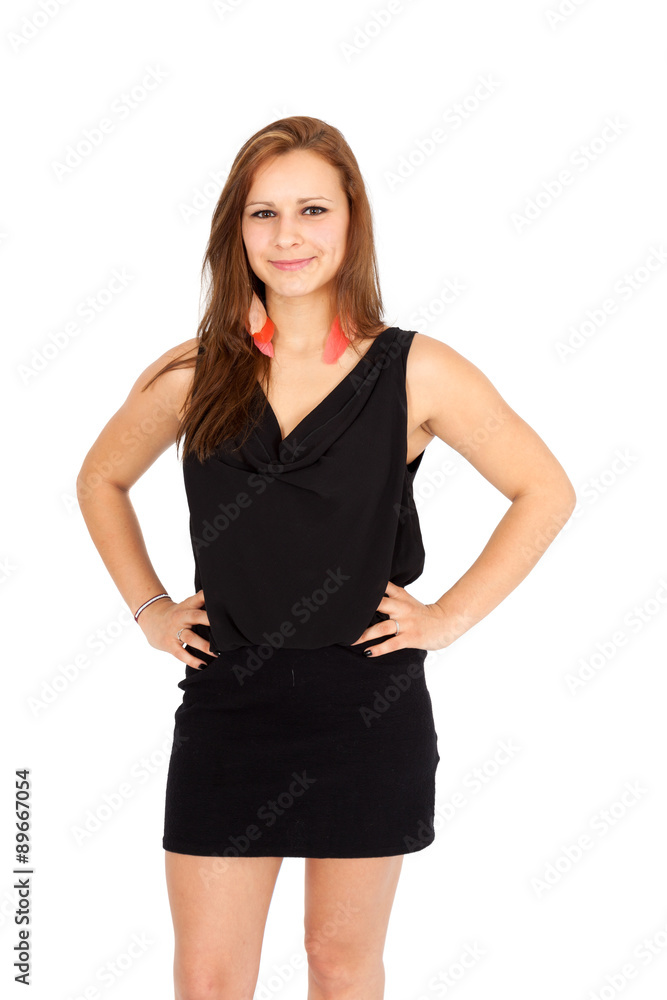 Beautiful woman doing different expressions in different sets of clothes: hands on chin Beautiful woman doing different expressions in different sets of clothes: hands on chin