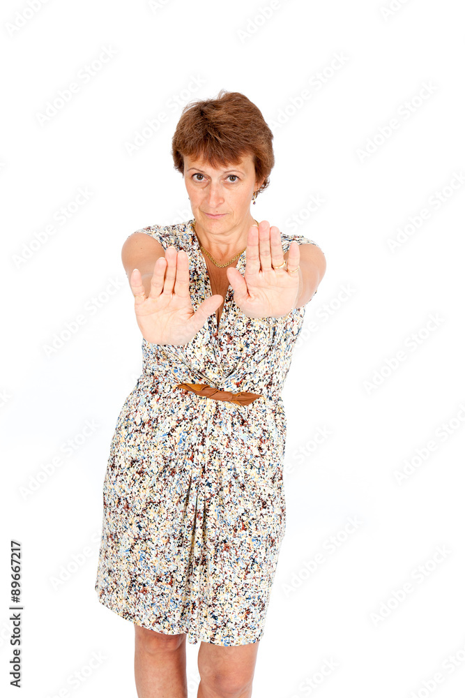 Beautiful woman doing different expressions in different sets of clothes: stop sign Beautiful woman doing different expressions in different sets of clothes: stop sign