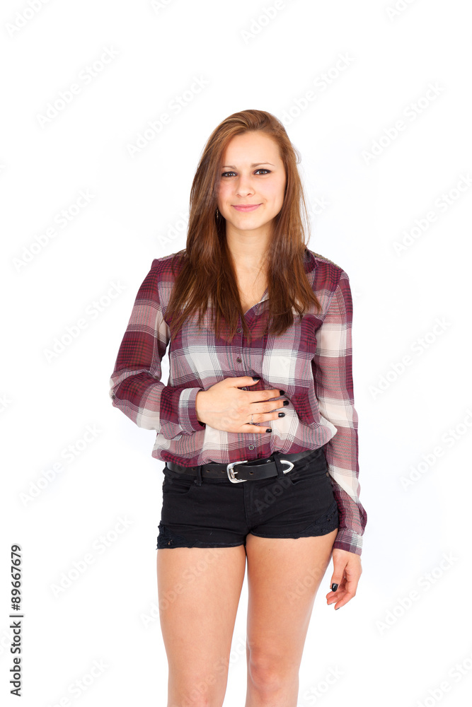 Beautiful woman doing different expressions in different sets of clothes: hungry Beautiful woman doing different expressions in different sets of clothes: hungry