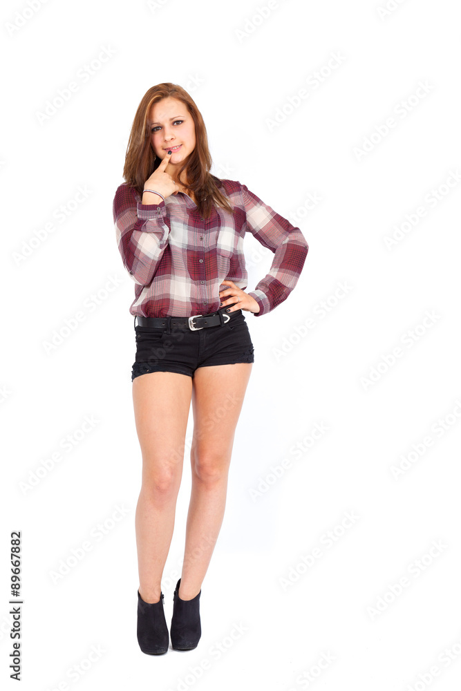 Fototapeta premium Beautiful woman doing different expressions in different sets of clothes: posing