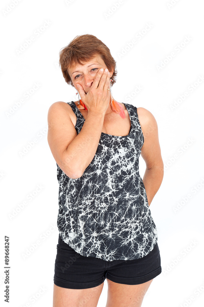Beautiful woman doing different expressions in different sets of clothes: yawning Beautiful woman doing different expressions in different sets of clothes: yawning