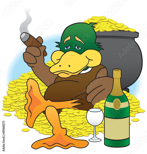 Cartoon duck enjoying his wealth