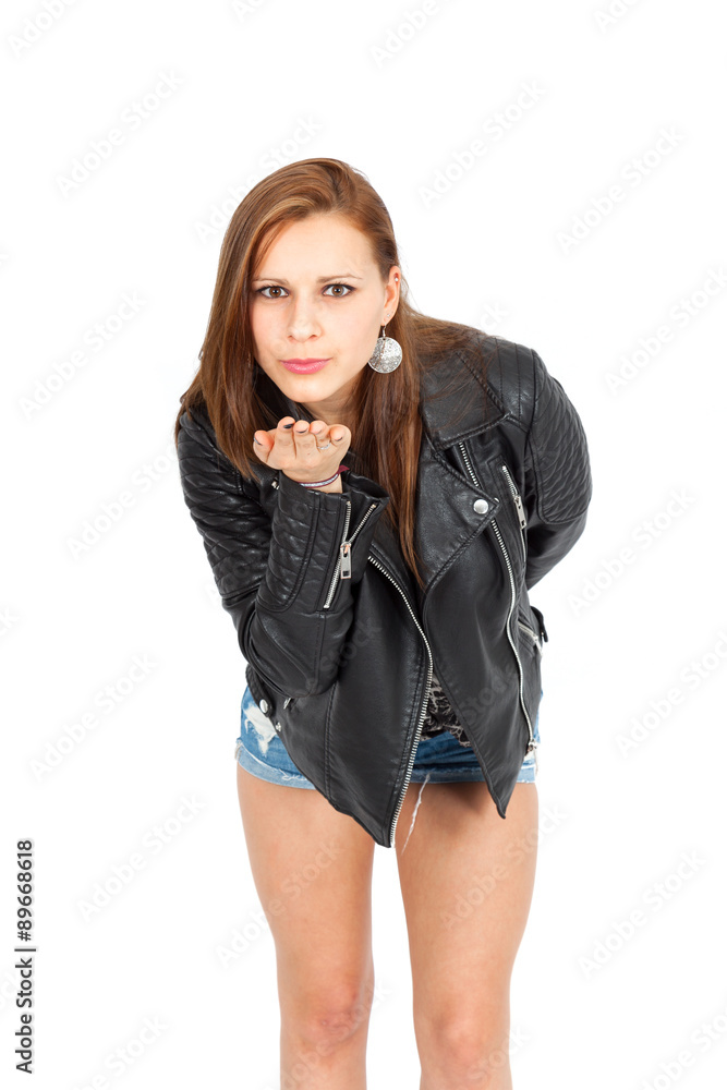 Fototapeta premium Beautiful woman doing different expressions in different sets of clothes: kiss