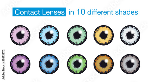 Eye color contact lens collection on isolated background.