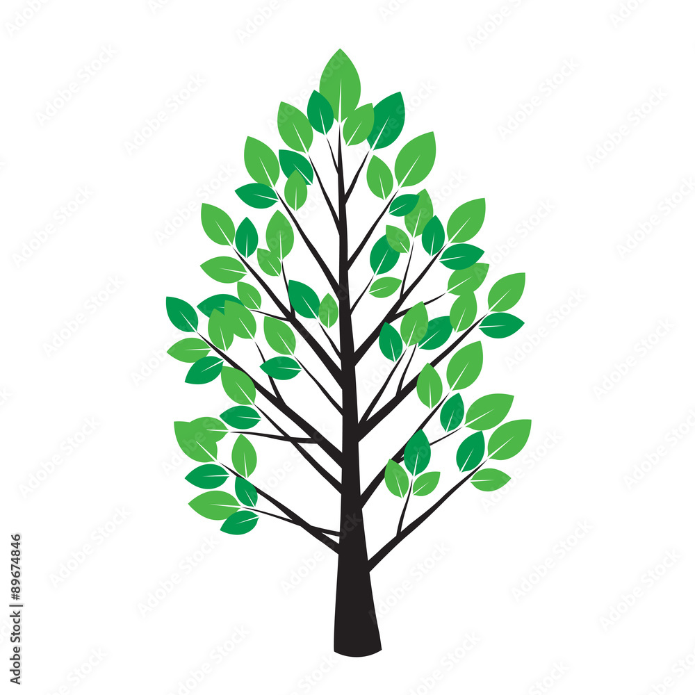Tree and Green Leafs. Vector Illustration.