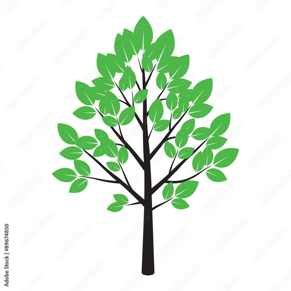 Tree and Green Leafs. Vector Illustration.