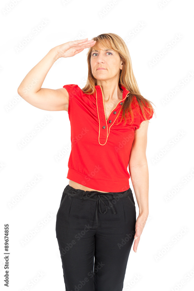 Beautiful businesswoman doing different expressions in different sets of clothes: at attention Beautiful businesswoman doing different expressions in different sets of clothes: at attention