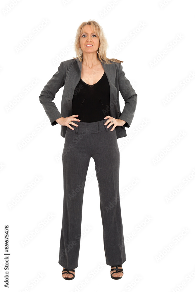 Beautiful woman doing different expressions in different sets of clothes: hands on hips