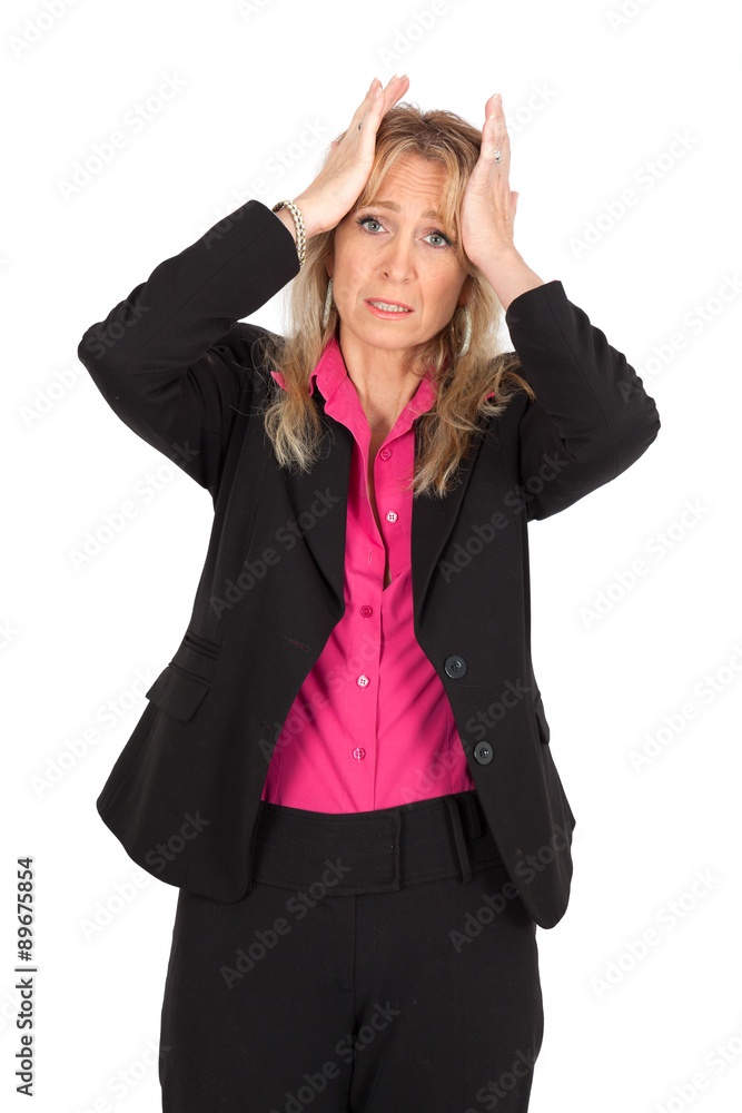Beautiful woman doing different expressions in different sets of clothes: headache Beautiful woman doing different expressions in different sets of clothes: headache