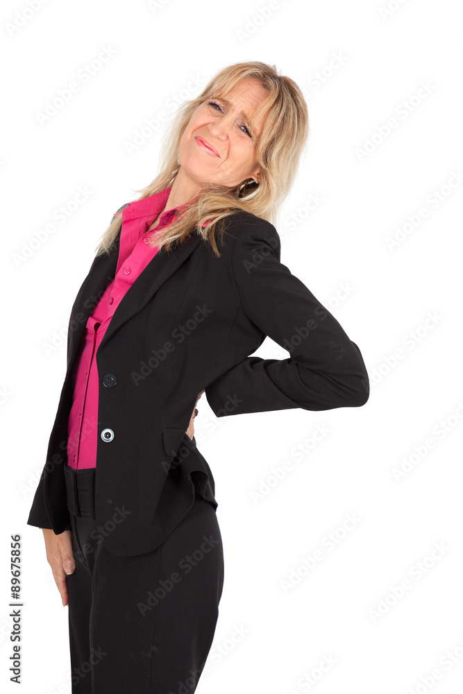 Beautiful woman doing different expressions in different sets of clothes: backache Beautiful woman doing different expressions in different sets of clothes: backache