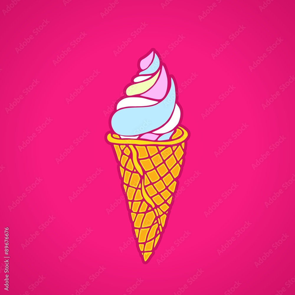 Bright soft ice cream in a waffle cone on a pink background.