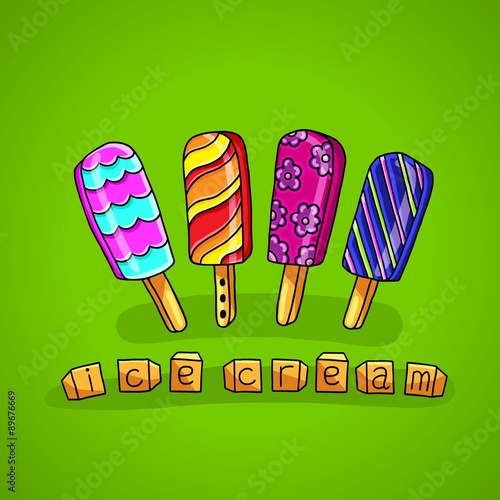 Four colorful ice creams on wooden sticks with drawings and layers coated with colored glaze with the letters written on the dice