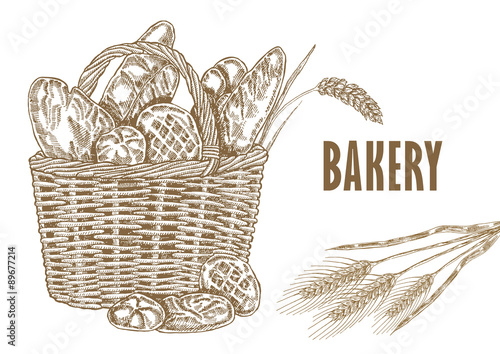 Hand drawm bread and wheat illustration in sketch style