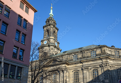 Exterior of Kreuzkirche Church in Dresden, Saxony, Germany.