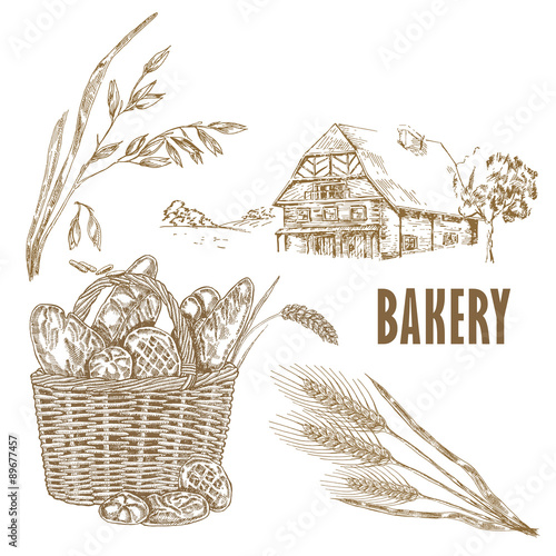 Hand drawn bread, farm house, oats, wheat