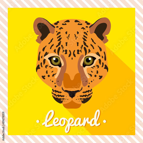 Vector portrait of a  leopard. Symmetrical portraits of animals. Vector Illustration, greeting card, poster. Icon. Animal face. Font inscription. Image of a leopard face.