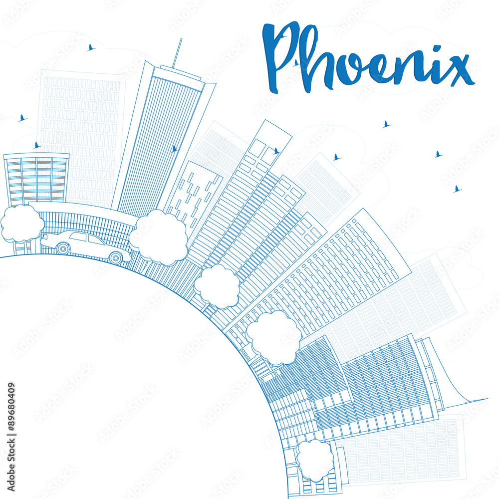 Outline Phoenix Skyline with Blue Buildings and copy space.