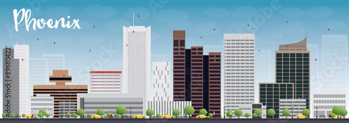 Phoenix Skyline with Grey Buildings and Blue Sky