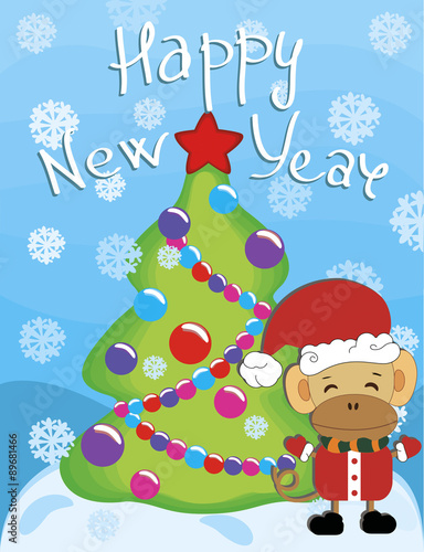 Christmas and New Year 2016. Monkey with fir tree