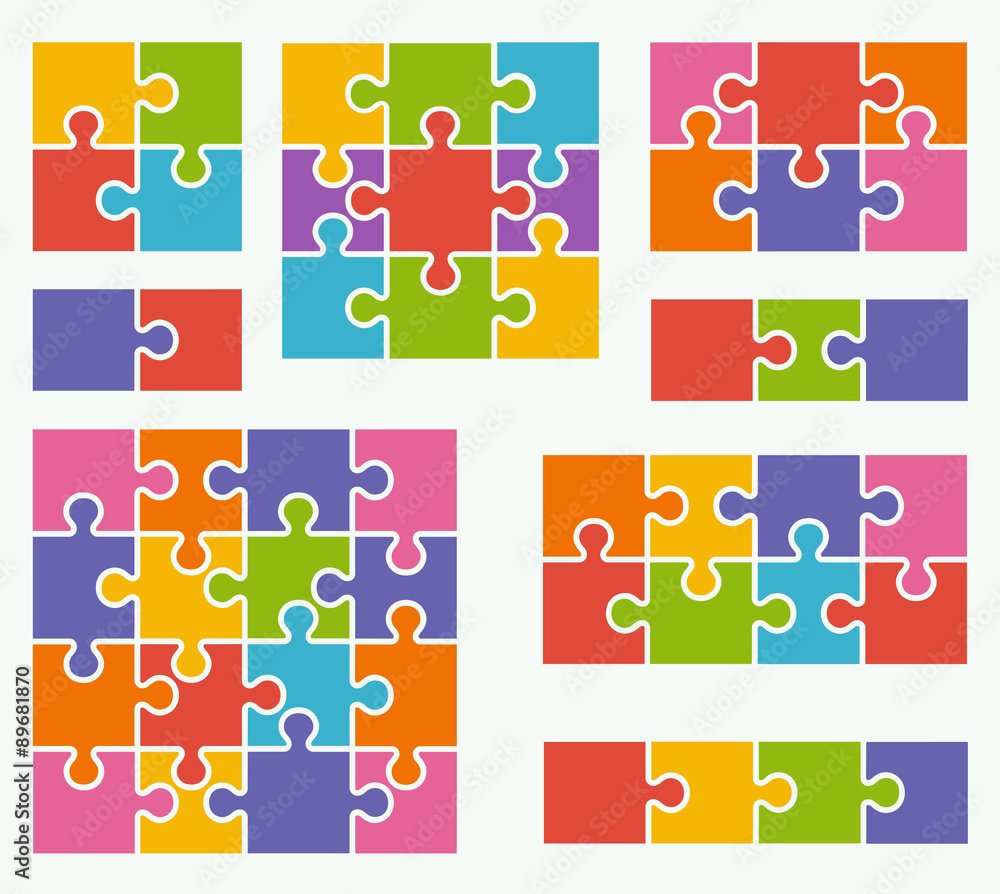 Parts of puzzles on white background in colored colors. Set of p Parts of puzzles on white background in colored colors. Set of p