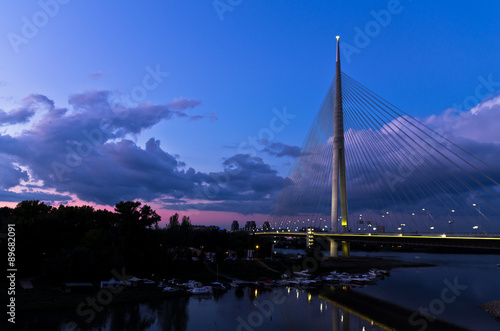 Cable bridge at twilight over Sava river near Ada island