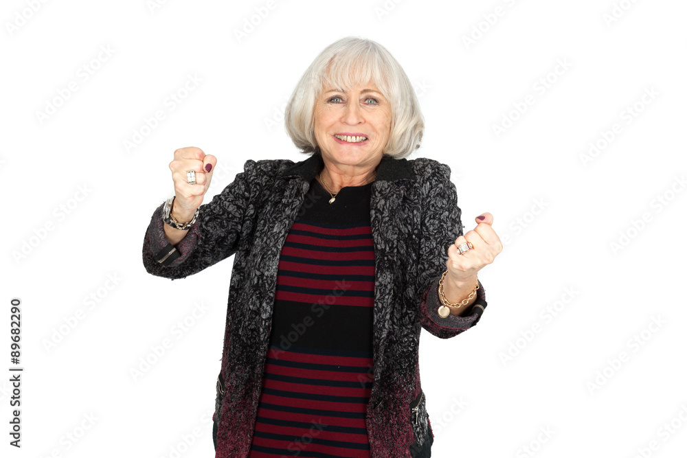 Obraz premium Beautiful woman doing different expressions in different sets of clothes: arms raised