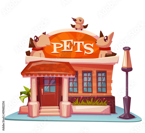 Pet shop building with bright banner. Vector illustration