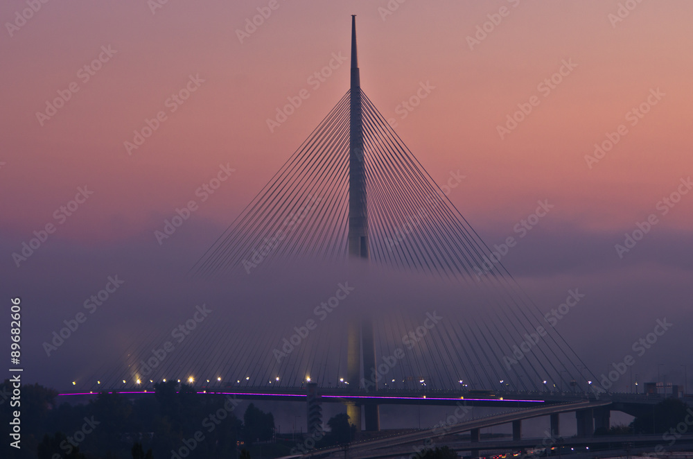 Obraz premium Cable bridge in fog at autumn morning, Belgrade, Serbia