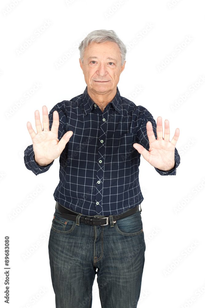Handsome man doing different expressions in different sets of clothes: stop sign Handsome man doing different expressions in different sets of clothes: stop sign