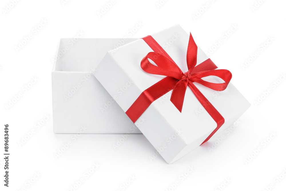 open white present paper box with red ribbon bow open white present paper box with red ribbon bow