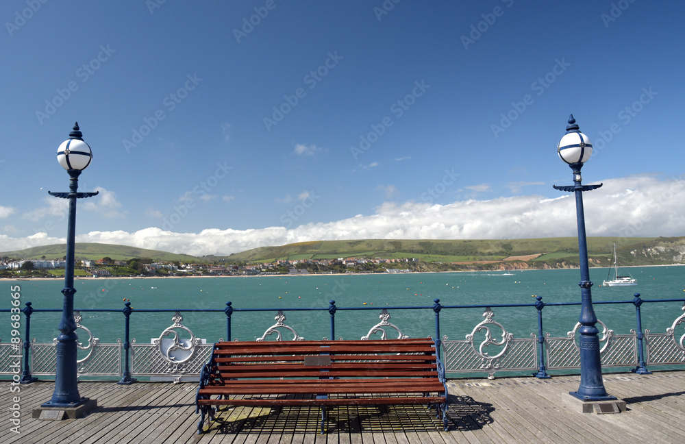 Benches on pier at Swanage on Dorset coast