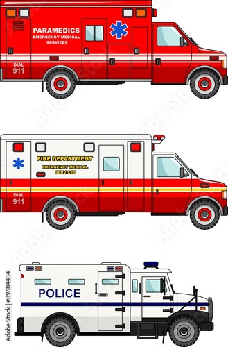 Fire truck, police and ambulance cars isolated on white