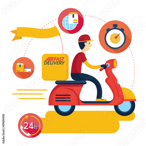 Delivery Boy Ride Scooter Motorcycle Service with Icons, Order, Worldwide Shipping, Fast and Free Transport