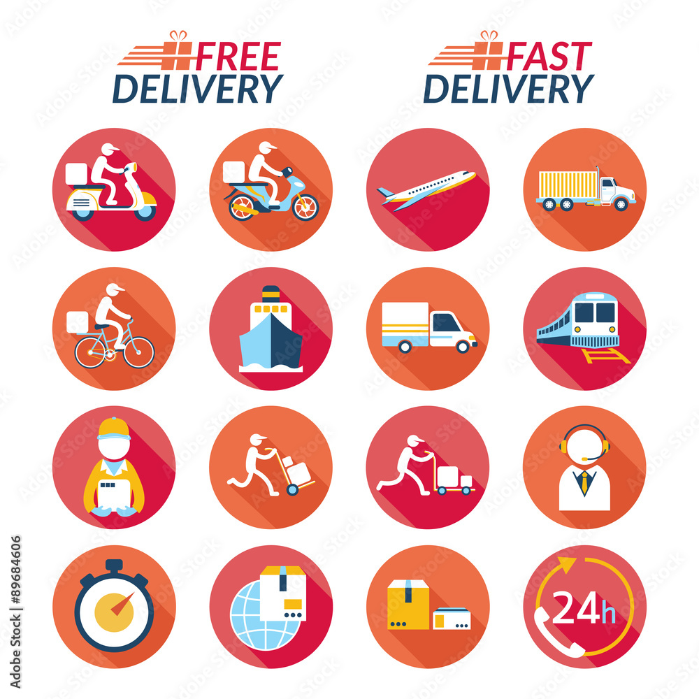 Delivery Flat Icons Set, Shipping, Transport, Order, Service, Fast and Free